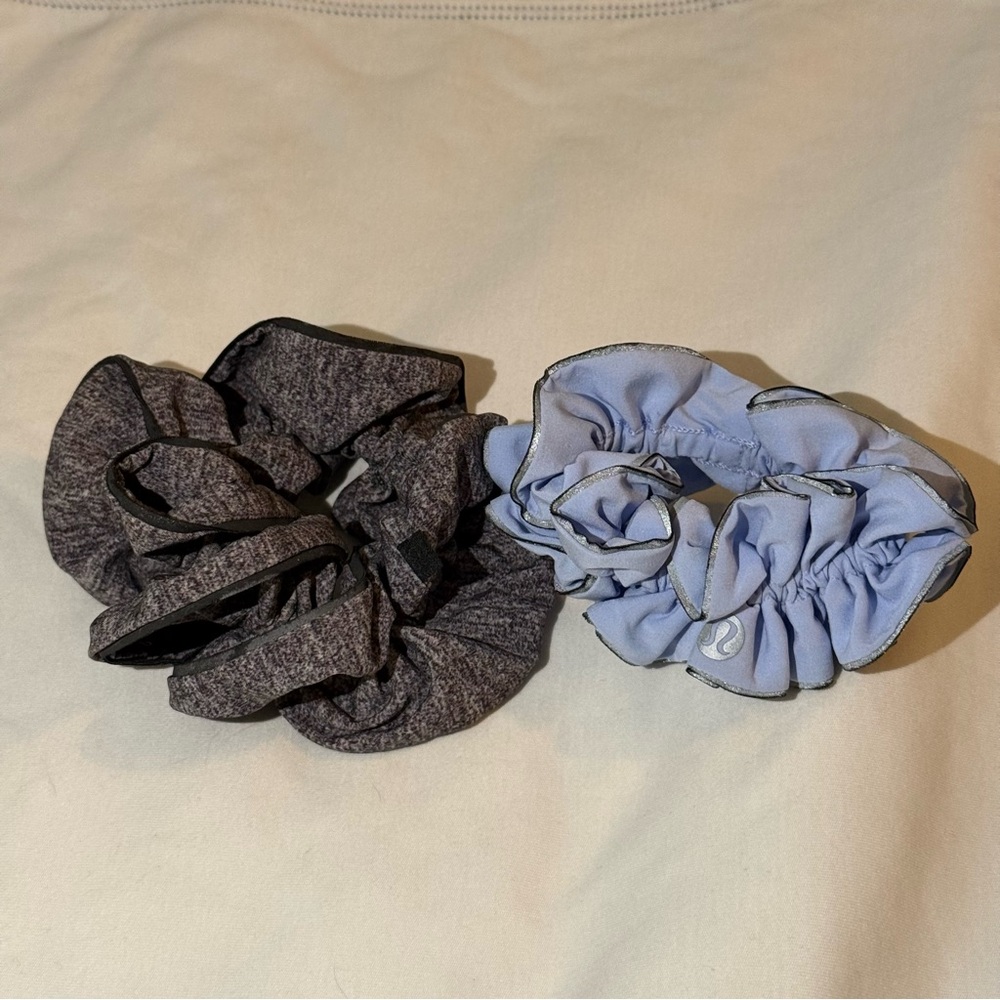 2 Lululemon Athletica Big Gray and Light Blue Hair Scrunchies